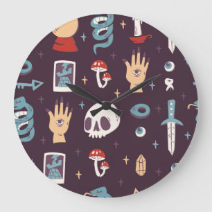 Grande Horloge Ronde Éléments magiques : crâne, tarot sans soudure