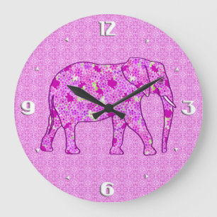 Grande Horloge Ronde Eléphant à fleurs - orchidée et magenta