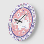 Grande Horloge Ronde Eléphant blanc rose violet Floral Personnalisé (Angle)