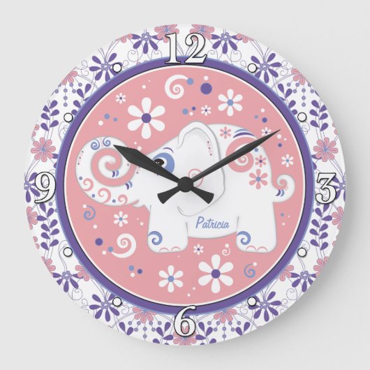 Grande Horloge Ronde Eléphant blanc rose violet Floral Personnalisé (Recto)