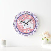 Grande Horloge Ronde Eléphant blanc rose violet Floral Personnalisé (Maison)