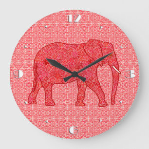 Grande Horloge Ronde Éléphant de fleurs - rouge profond et corail