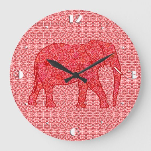 Grande Horloge Ronde Éléphant de fleurs - rouge profond et corail (Recto)