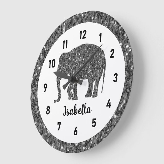 Grande Horloge Ronde Eléphant gris pâle Nom personnalisé (Angle)