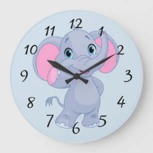 Grande Horloge Ronde Éléphant mignon de bande dessinée