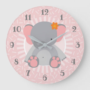 Grande Horloge Ronde Eléphant mignon Filles Rose Salle Bébé Nursery