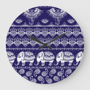 Grande Horloge Ronde Elephant, paisley : motif vintage tribal.