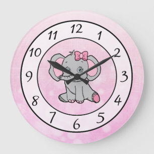 Grande Horloge Ronde Eléphant rose mignon enfant ou bébé pépinière