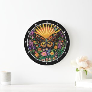 Grande Horloge Ronde Embrace de Dawn" - Papillon & Fleurs