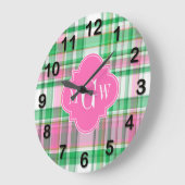 Grande Horloge Ronde Emerald Green Hot Pink Wht Preppy Madras (Angle)