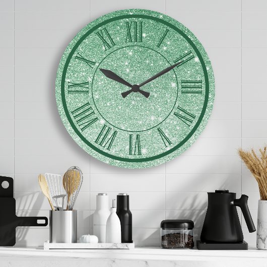 Grande Horloge Ronde Emerald Green Parties scintillant Roman Numéros Ét