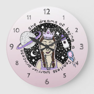 Grande Horloge Ronde Empower Feminist Girl Princess Galaxy Dream Doodle