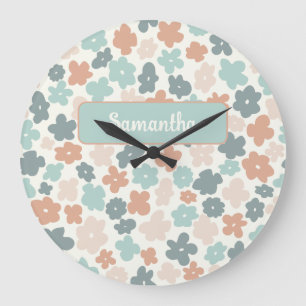 Grande Horloge Ronde Empreinte de fleurs pastel retro Boho