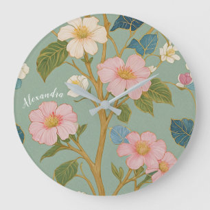 Grande Horloge Ronde En fleurs : Branche pastel avec fleurs roses