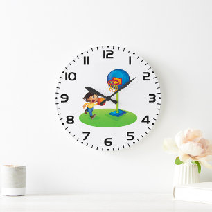 Grande Horloge Ronde Enfant jouant au basket avec un cerceau Fun Sports