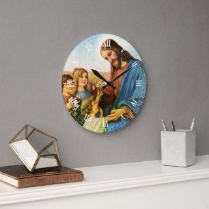 Grande Horloge Ronde Enfants de vintage apportent des fleurs à Jésus-Ch