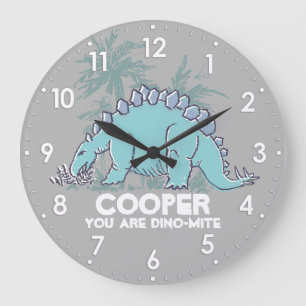 Grande Horloge Ronde Enfants dinosaure Stegosaurus gris bleu nom horlog