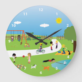 Grande Horloge Ronde Enfants et animaux mignons Jouer dans le parc