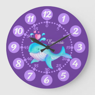 Grande Horloge Ronde Enfants mignonne baleine spurant art violet aqua h
