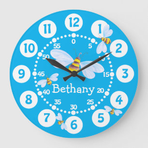 Grande Horloge Ronde Enfants mignonnes bourdons abeilles blanc bleu mur