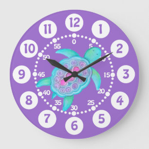 Grande Horloge Ronde Enfants tortue mignonne art mauve aqua mural horlo