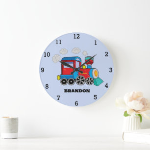 Grande Horloge Ronde Enfants Train Boys Blue Custom Name