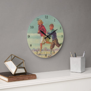 Grande Horloge Ronde Enfants vintage courant à l'école en portant des l