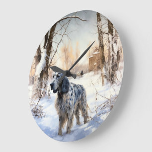 Grande Horloge Ronde English Setter Qu'il neige Noël
