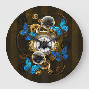 Grande Horloge Ronde Engrenages Steampunk et papillons bleus