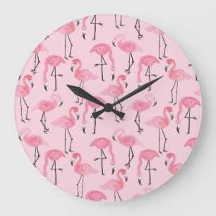 Grande Horloge Ronde Ensemble Flamant rose rose, Motif d'été tropical.