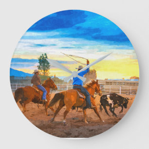 Grande Horloge Ronde Équipe de Roping de Rodéo Corral de Coucher de Sol
