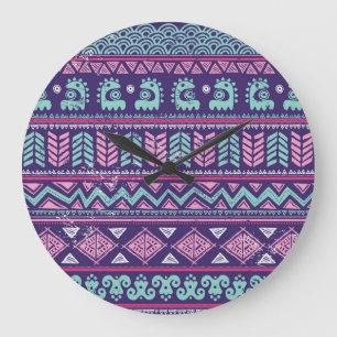 Grande Horloge Ronde Ethnique Tribale : Motif coloré sans couture.