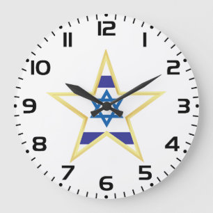 Grande Horloge Ronde Étoile de David Drapeau Israélien avec Bordure Dor