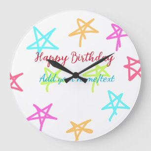 Grande Horloge Ronde Étoiles colorées joyeux anniversaire ajouter nom t