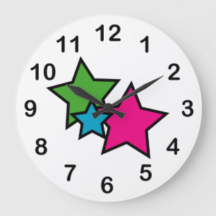 Grande Horloge Ronde Étoiles Couleurs néon rose bleu vert noir
