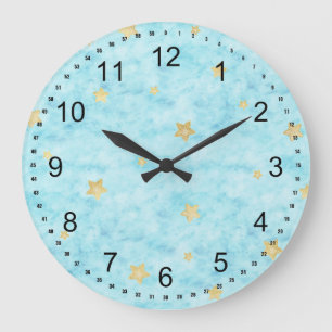 Grande Horloge Ronde Etoiles d'aquarelle bleu or