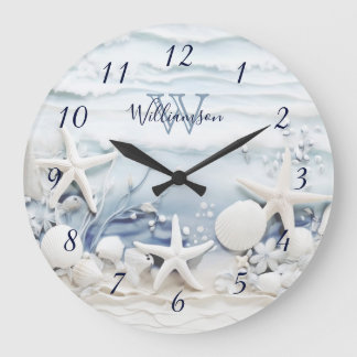 Grande Horloge Ronde Étoiles de mer et coquillages 3D | Monogramme côti