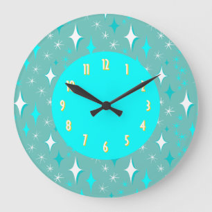 Grande Horloge Ronde Étoiles Sarcelle Blanche Nombres Jaunes Rétro