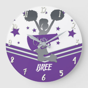 Grande Horloge Ronde Étoiles violettes et blanches Cheer Cheer-leading 