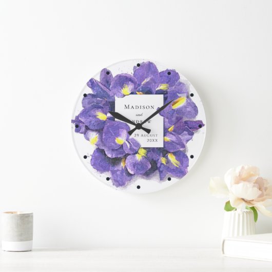 Grande Horloge Ronde Étonnant violet Irises Aquarelle Floral Mariage (Maison)