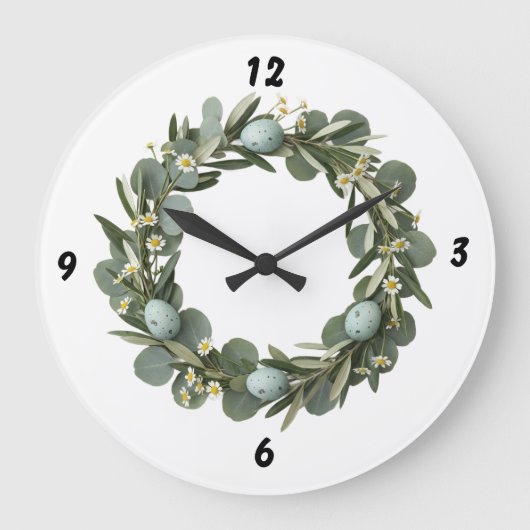 Grande Horloge Ronde Eucalyptus & Daisy Spring Wreath Wall Clock (Recto)