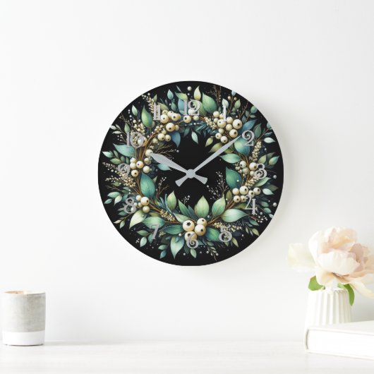 Grande Horloge Ronde Eucalyptus et Snowberries Wreath Chalk Pastel (Maison)