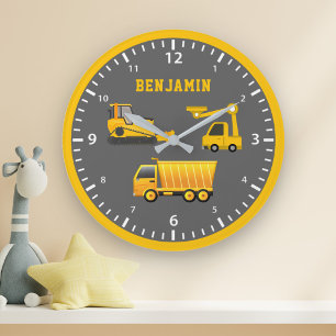 Grande Horloge Ronde Excavator Dump Truck Construction Theme Kids Room