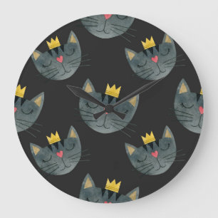 Grande Horloge Ronde Face de chat aquarelle, noir sans soudure.