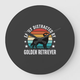 Grande Horloge Ronde Facilement distrait par Golden Retriever Retro Sun