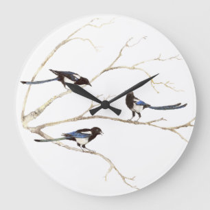 Grande Horloge Ronde Famille Magpie aquarelle