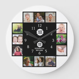 Grande Horloge Ronde Famille personnalisée 12 Photo Collage noir 2 Log