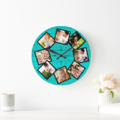 Grande Horloge Ronde Family Photo Collage Rustic Farmhouse Turquoise (Maison)
