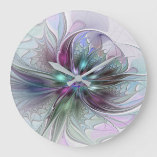 Grande Horloge Ronde Fantaisie Abstraite Moderne Fleur Fractale Colorée
