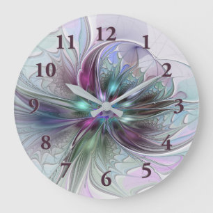 Grande Horloge Ronde Fantaisie Abstraite Moderne Fleur Fractale Colorée